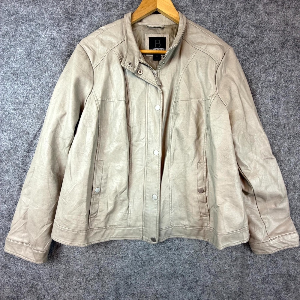 B by Bernardo Faux Leather Motorcycle Jacket Women 1X Beige Lined Biker Full Zip